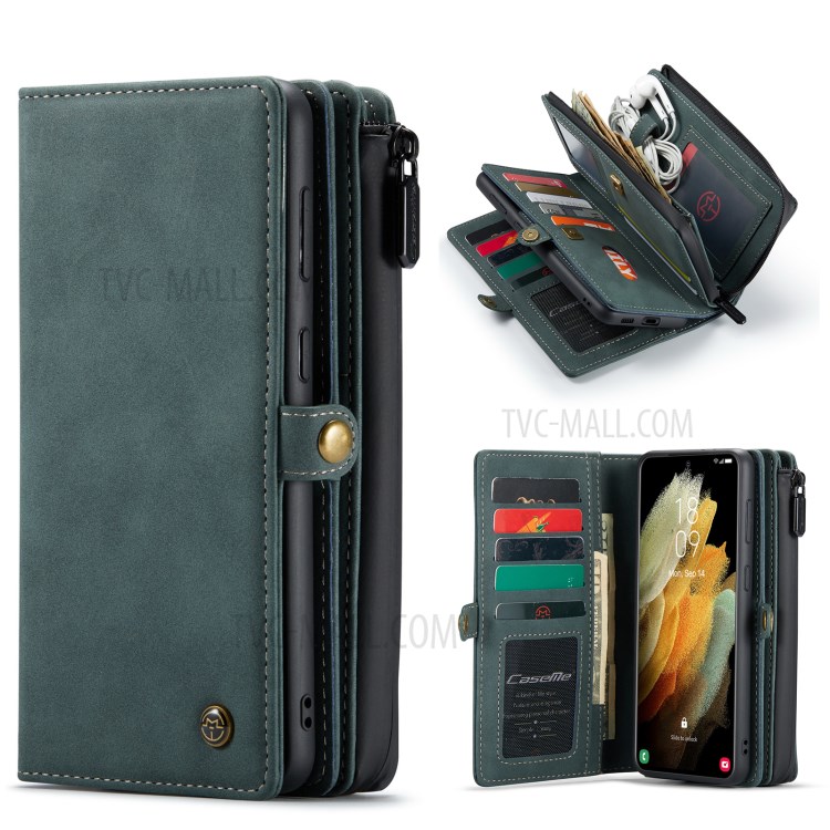 CASEME 018 Series Leather Detachable 2-in-1 Wallet Case for Samsung Galaxy S21 - Green-29