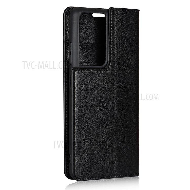 Funda De Cuero Genuino De Diseño De Soporte De Billetera Caja De Cuero Genuino Para Samsung Galaxy S21 Ultra 5G - Negro-3