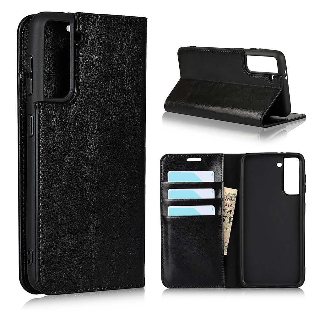 Wallet Stand Design Crazy Horse Texture Genuine Leather Cover Case for Samsung Galaxy S21 5G - Black-1