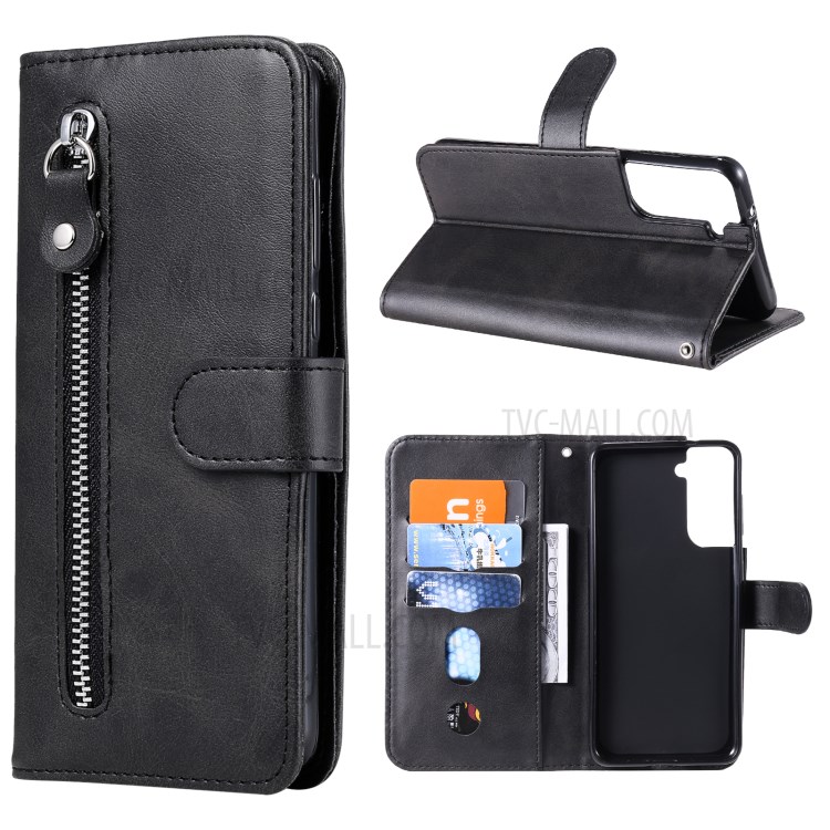 Zipper Pocket Leather Wallet Stand Case for Samsung Galaxy S21 5G - Black-1
