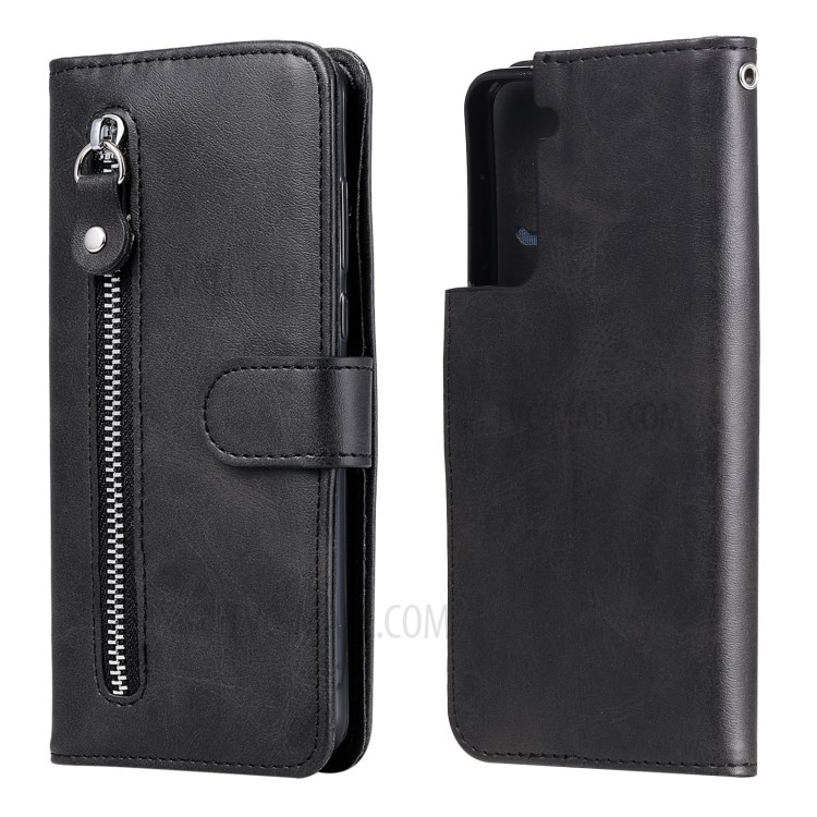 Zipper Pocket Leather Wallet Stand Case for Samsung Galaxy S21 5G - Black-2