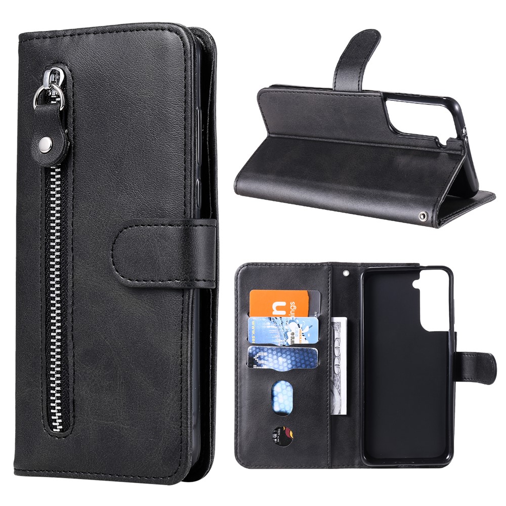Zipper Pocket Leather Wallet Stand Case for Samsung Galaxy S21+ 5G - Black-1
