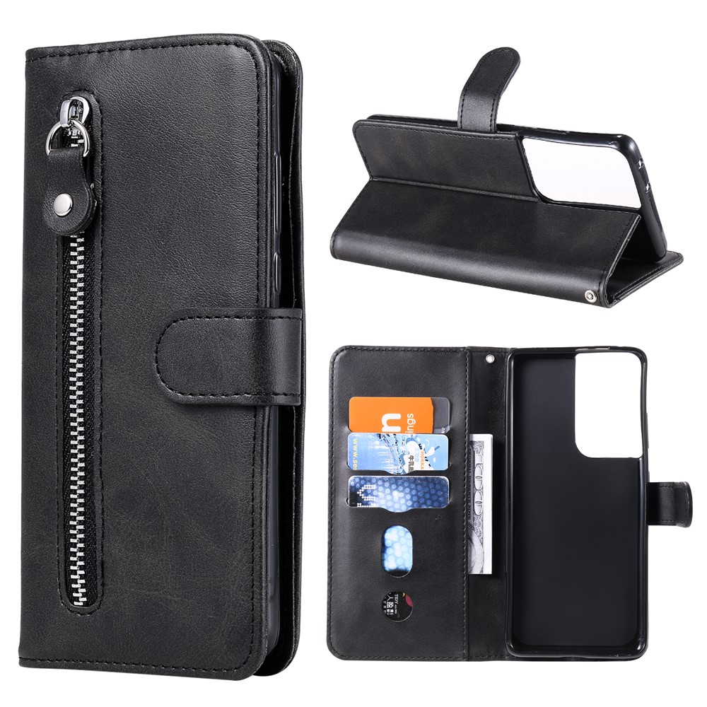 Zipper Pocket Leather Wallet Stand Case for Samsung Galaxy S21 Ultra 5G - Black-1