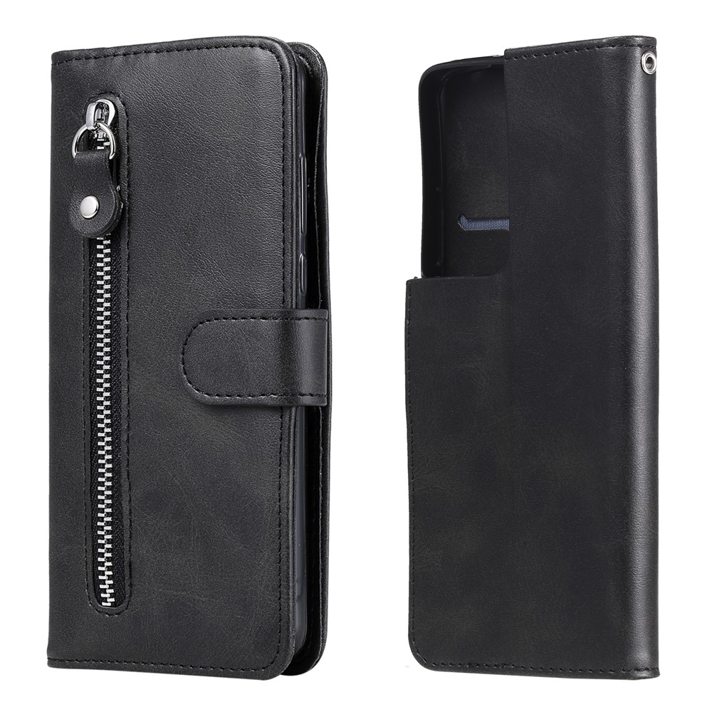 Zipper Pocket Leather Wallet Stand Case for Samsung Galaxy S21 Ultra 5G - Black-2