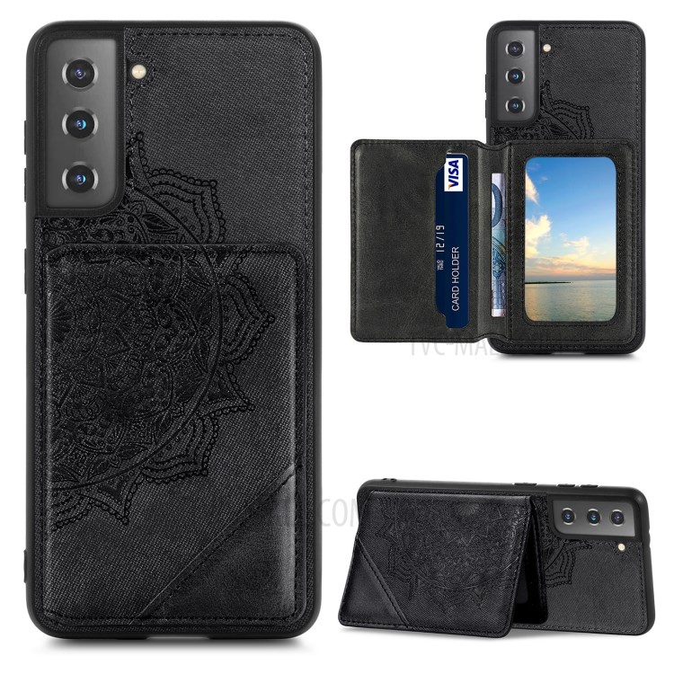Mandala Flower Pattern PU Leather+TPU Flip Wallet Phone Case for Samsung Galaxy S21 5G - Black-1