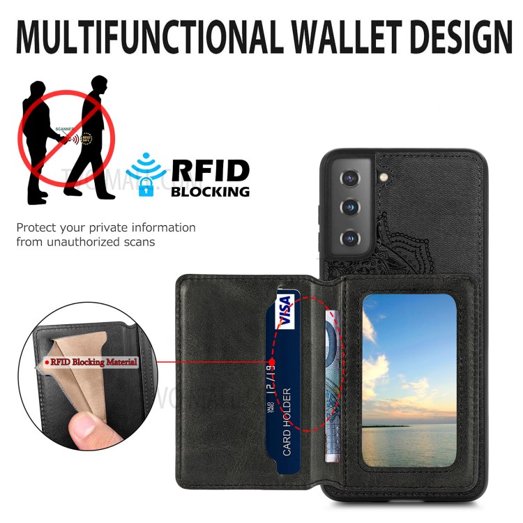 Mandala Flower Pattern PU Leather+TPU Flip Wallet Phone Case for Samsung Galaxy S21 5G - Black-11