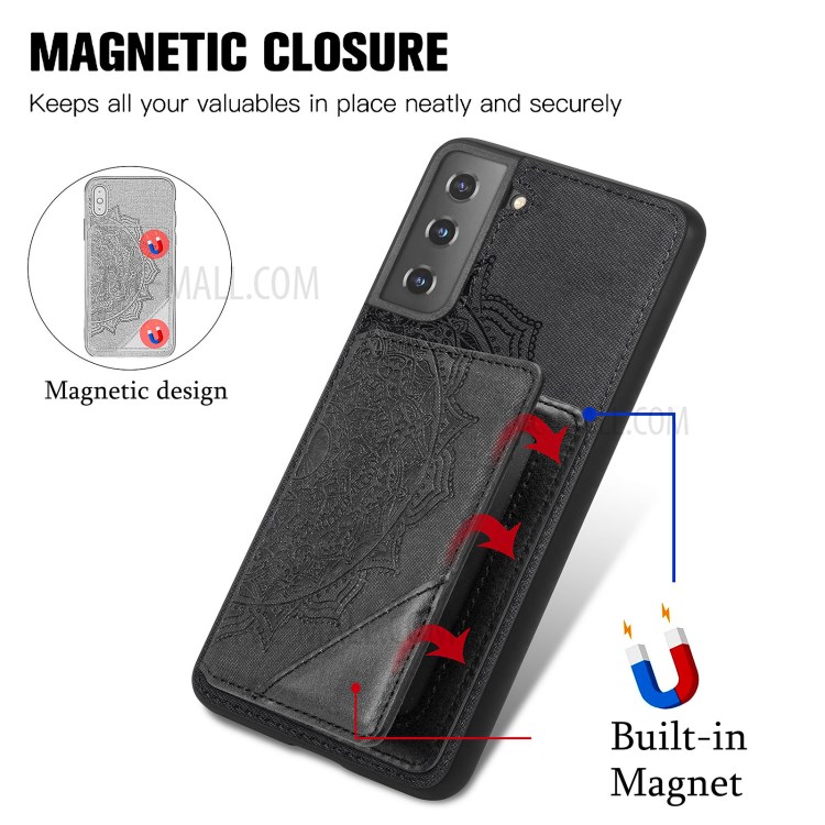 Mandala Flower Pattern PU Leather+TPU Flip Wallet Phone Case for Samsung Galaxy S21 5G - Black-6
