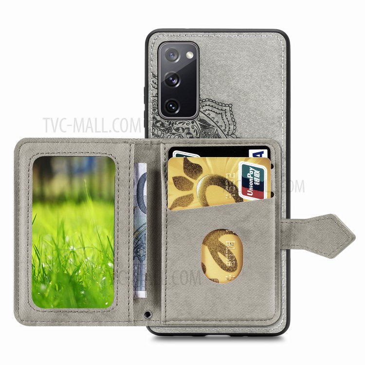 Card Slot Design PU Leather Coated TPU Phone Case with Kickstand and Strap for Samsung Galaxy S20 FE/S20 Fan Edition/S20 FE 5G/S20 Fan Edition 5G - Grey-3