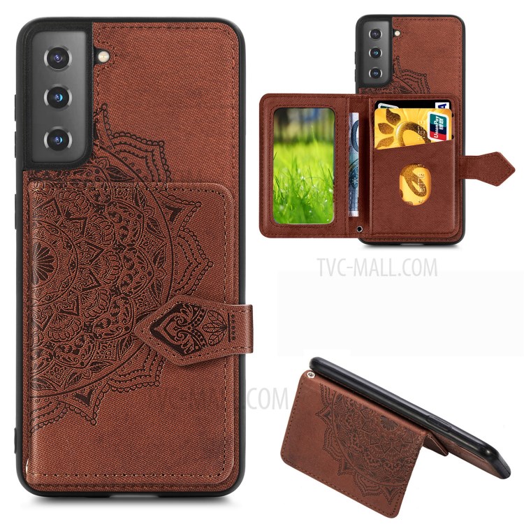 Mandala Pattern Imprinting PU Leather Coated TPU Phone Case with Card Slots and Strap for Samsung Galaxy S21 5G - Brown-1