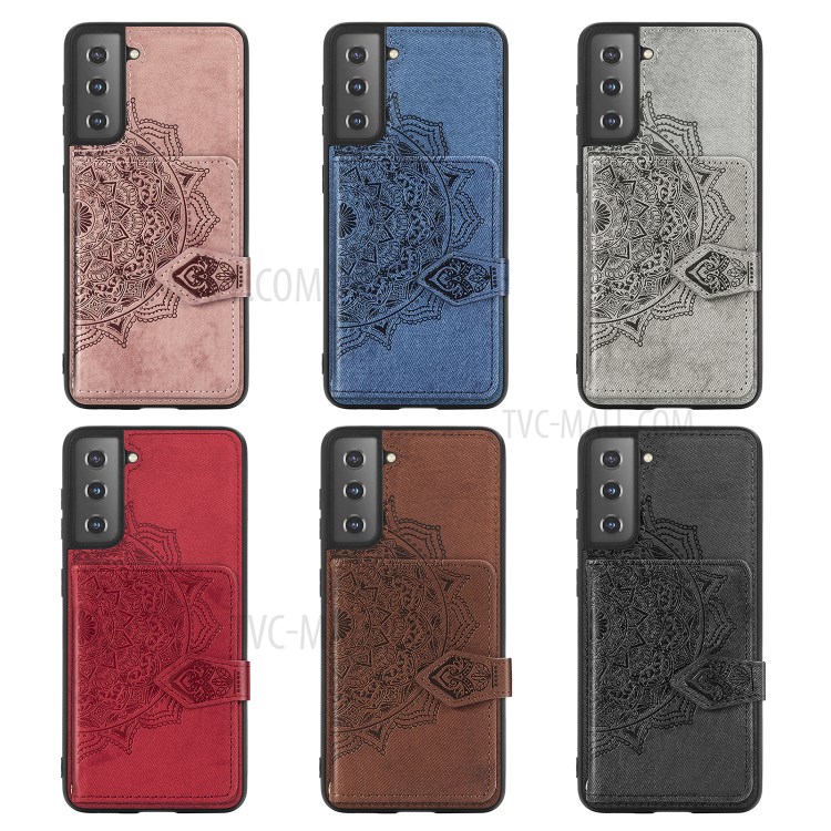 Mandala Pattern Imprinting PU Leather Coated TPU Phone Case with Card Slots and Strap for Samsung Galaxy S21 5G - Brown-10