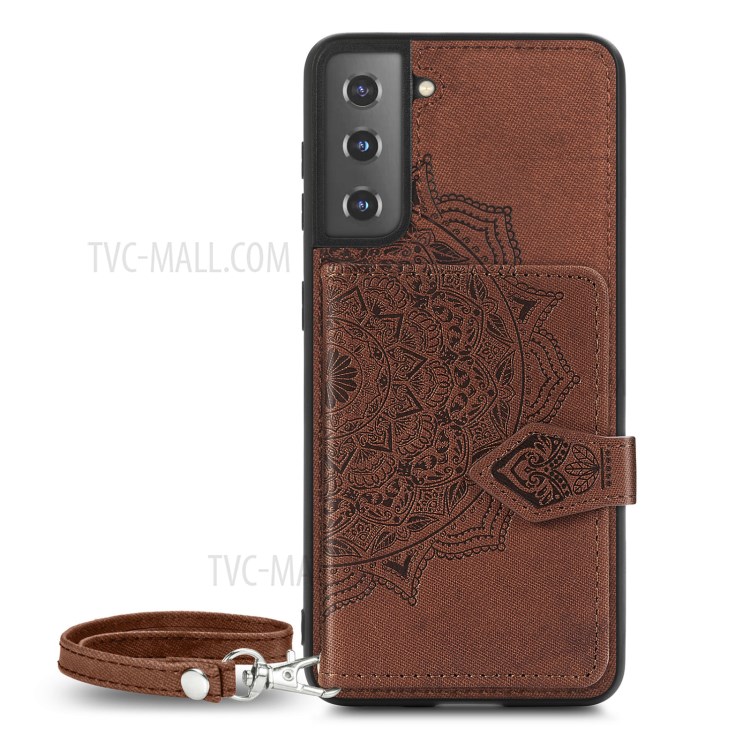 Mandala Pattern Imprinting PU Leather Coated TPU Phone Case with Card Slots and Strap for Samsung Galaxy S21 5G - Brown-2