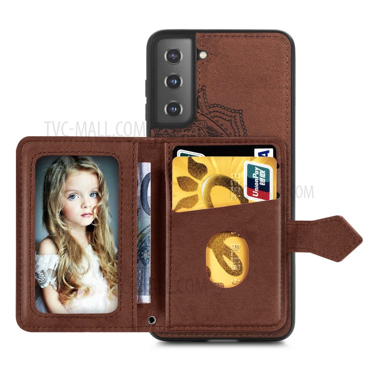 Mandala Pattern Imprinting PU Leather Coated TPU Phone Case with Card Slots and Strap for Samsung Galaxy S21 5G - Brown-3