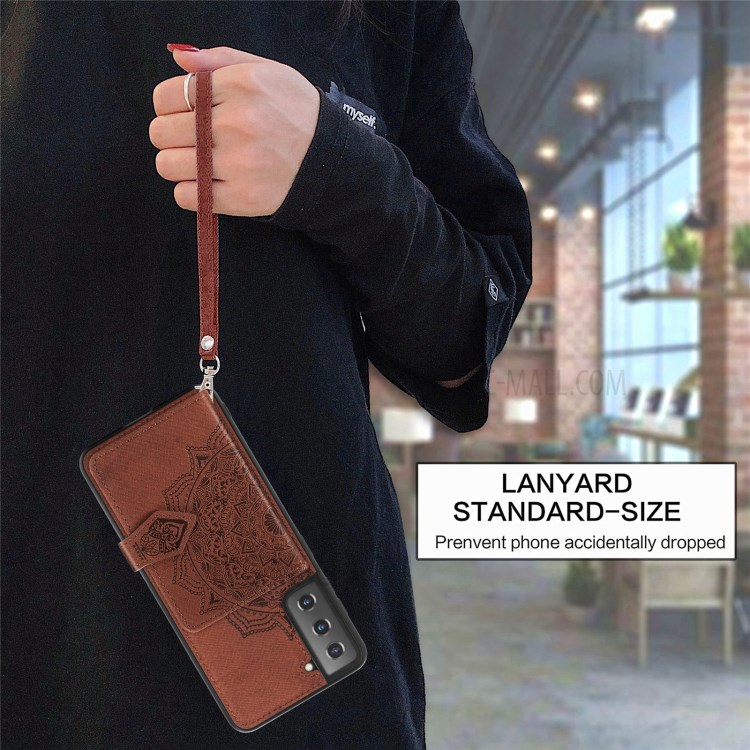 Mandala Pattern Imprinting PU Leather Coated TPU Phone Case with Card Slots and Strap for Samsung Galaxy S21 5G - Brown-4