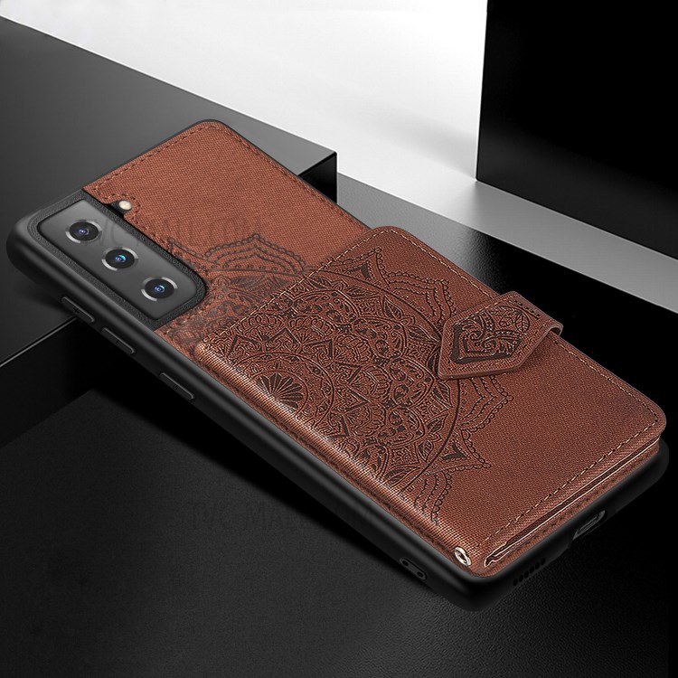 Mandala Pattern Imprinting PU Leather Coated TPU Phone Case with Card Slots and Strap for Samsung Galaxy S21 5G - Brown-5