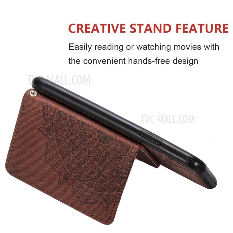 Mandala Pattern Imprinting PU Leather Coated TPU Phone Case with Card Slots and Strap for Samsung Galaxy S21 5G - Brown-6