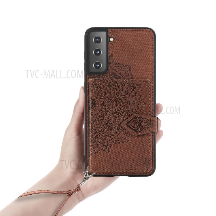 Mandala Pattern Imprinting PU Leather Coated TPU Phone Case with Card Slots and Strap for Samsung Galaxy S21 5G - Brown-7