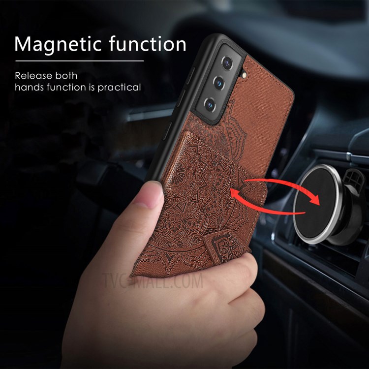 Mandala Pattern Imprinting PU Leather Coated TPU Phone Case with Card Slots and Strap for Samsung Galaxy S21 5G - Brown-9
