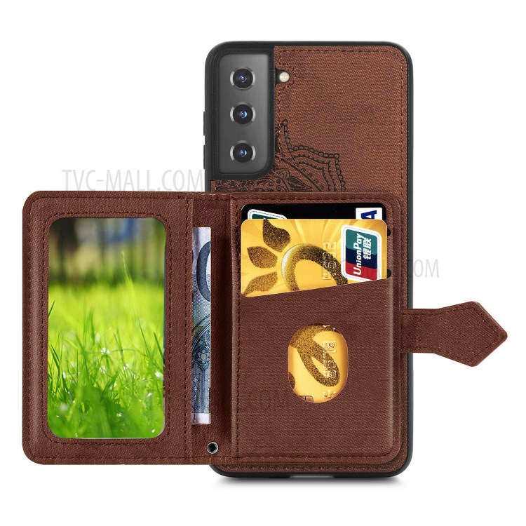 Mandala Pattern Imprinting PU Leather Coated TPU Phone Case with Magnetic Clasp Card Slot Design for Samsung Galaxy S21 Plus 5G - Brown-3