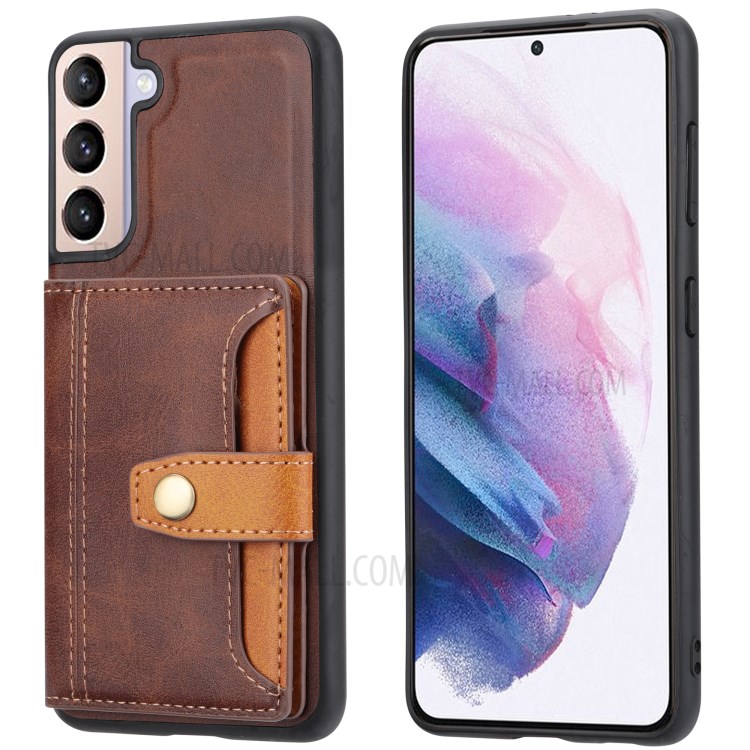 Buckled Card Slots Design PU Leather Coated TPU Case for Samsung Galaxy S21 Plus 5G - Brown-1