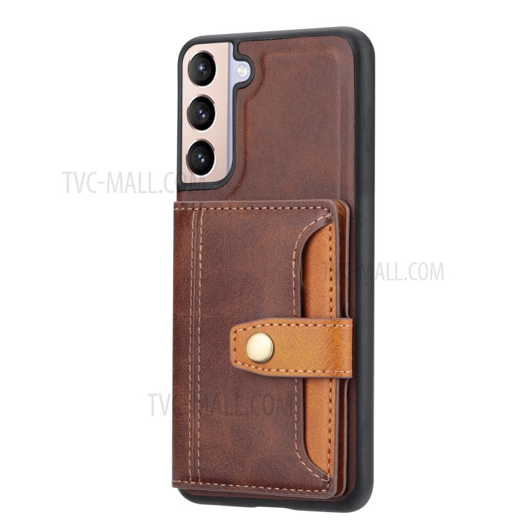 Buckled Card Slots Design PU Leather Coated TPU Case for Samsung Galaxy S21 Plus 5G - Brown-2