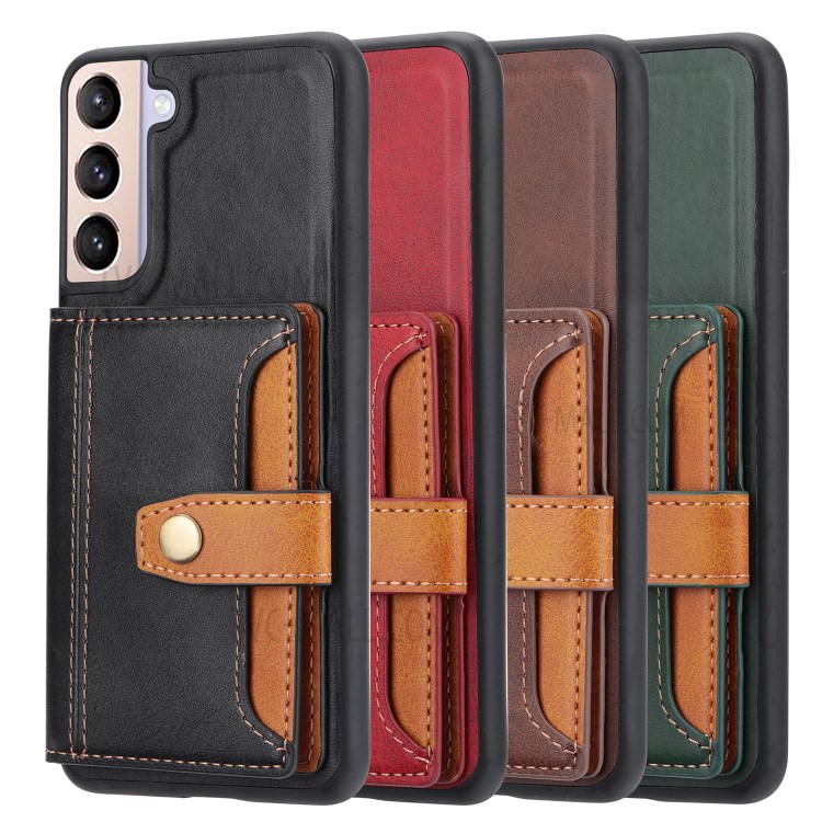 Buckled Card Slots Design PU Leather Coated TPU Case for Samsung Galaxy S21 Plus 5G - Brown-7