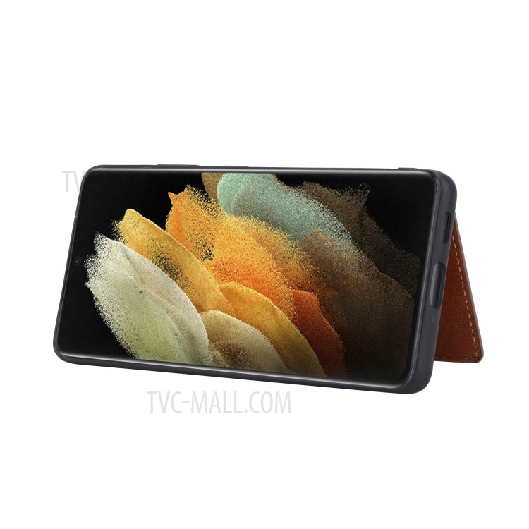 PU Leather Coated TPU Case with Buckled Card Slots for Samsung Galaxy S21 Ultra 5G - Brown-5