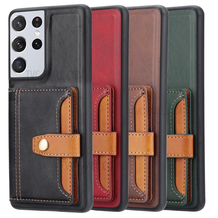 PU Leather Coated TPU Case with Buckled Card Slots for Samsung Galaxy S21 Ultra 5G - Brown-7