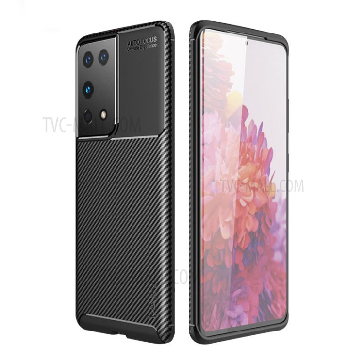 IPAKY Carbon Fiber Texture Soft TPU Back Case for Samsung Galaxy S21 Ultra 5G - Black-1
