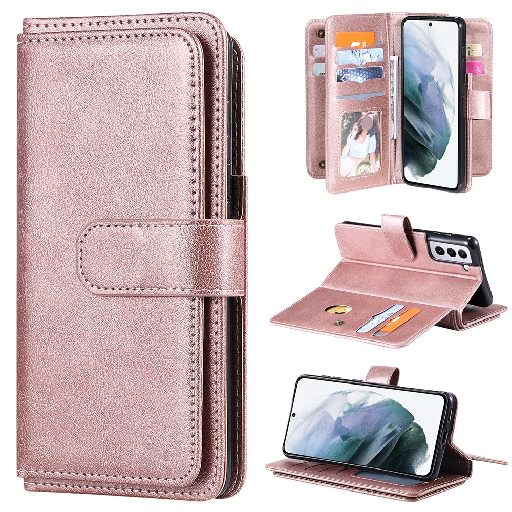 Quality Leather Wallet Design Cover Shell for Samsung Galaxy S21 Plus 5G with Multi-function 10 Card Slots - Rose Gold-1