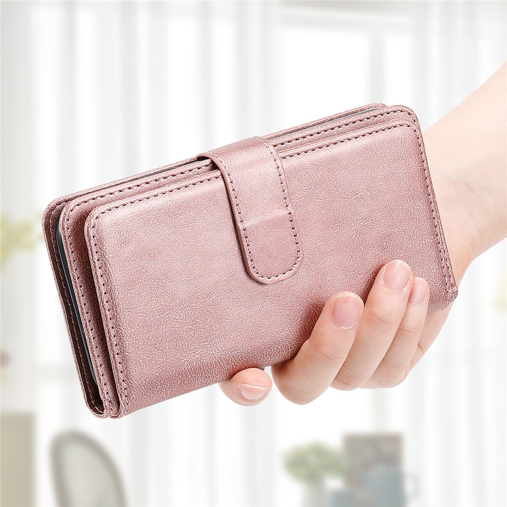 Quality Leather Wallet Design Cover Shell for Samsung Galaxy S21 Plus 5G with Multi-function 10 Card Slots - Rose Gold-14