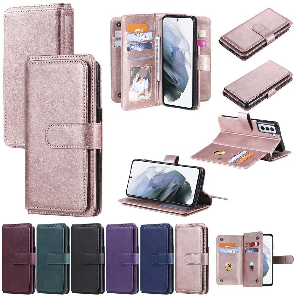 KT Multifuncional Series-1 de Qualidade Casa de Design de Couro Para Samsung Galaxy S21 Plus 5G Com Slots de 10 Cartas - Rosa Ouro