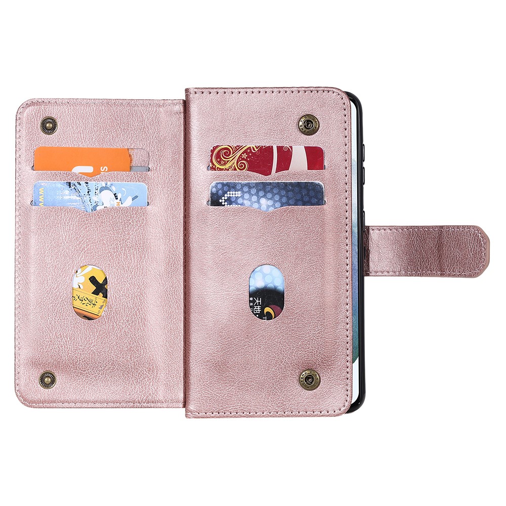 Quality Leather Wallet Design Cover Shell for Samsung Galaxy S21 Plus 5G with Multi-function 10 Card Slots - Rose Gold-5
