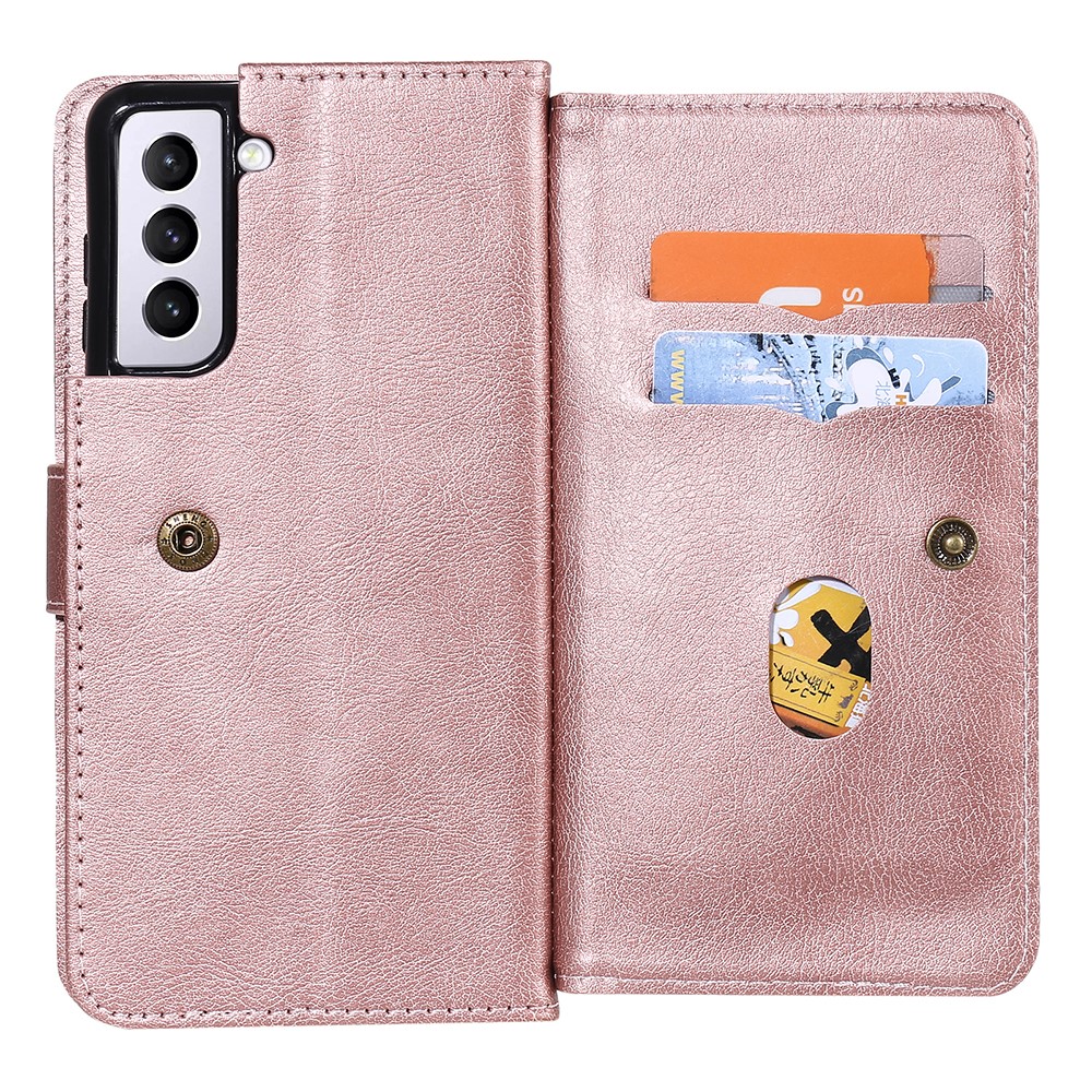 Quality Leather Wallet Design Cover Shell for Samsung Galaxy S21 Plus 5G with Multi-function 10 Card Slots - Rose Gold-8