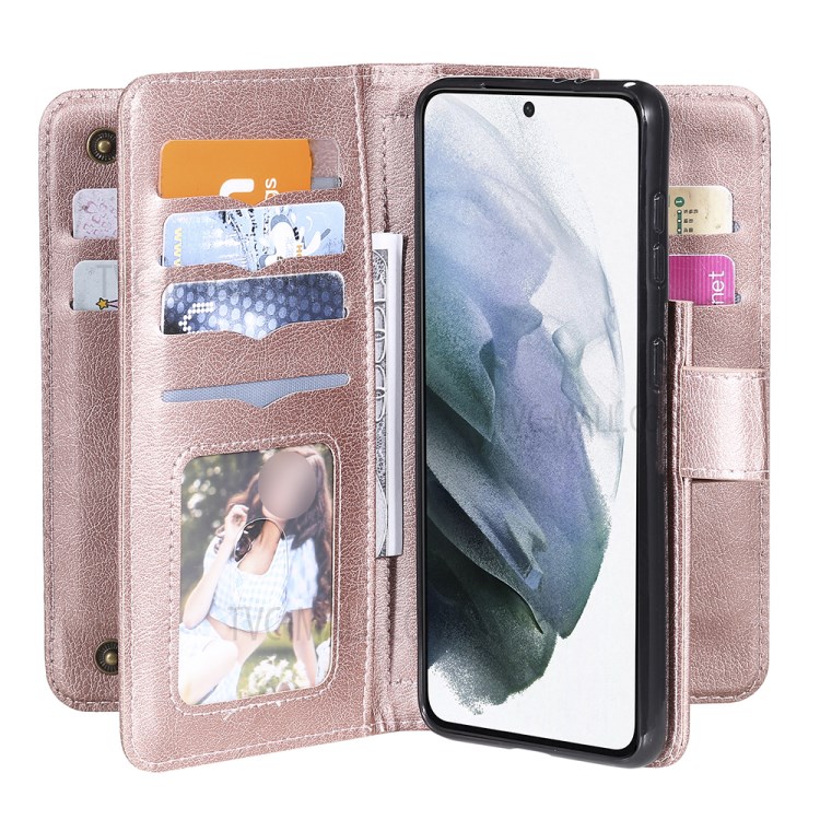 KT Multi-functional Series-1 10 Card Slots Shell for Samsung Galaxy S21 4G/5G Quality Leather Wallet Design Cover - Rose Gold-9