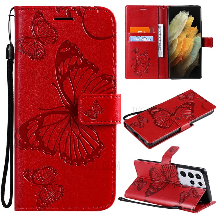 Imprinted Butterflies Flower Leather Wallet Stand Case for Samsung Galaxy S21 Ultra 5G - Red-1