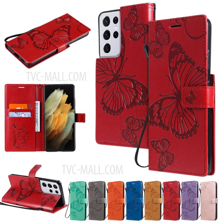Imprinted Butterflies Flower Leather Wallet Stand Case for Samsung Galaxy S21 Ultra 5G - Red-11