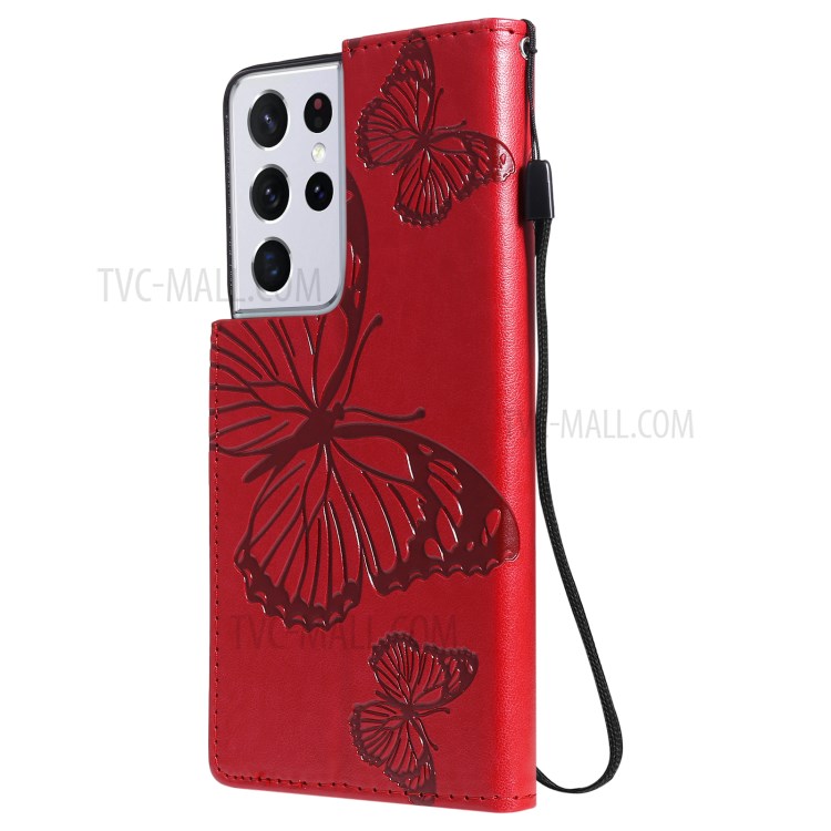 Imprinted Butterflies Flower Leather Wallet Stand Case for Samsung Galaxy S21 Ultra 5G - Red-4