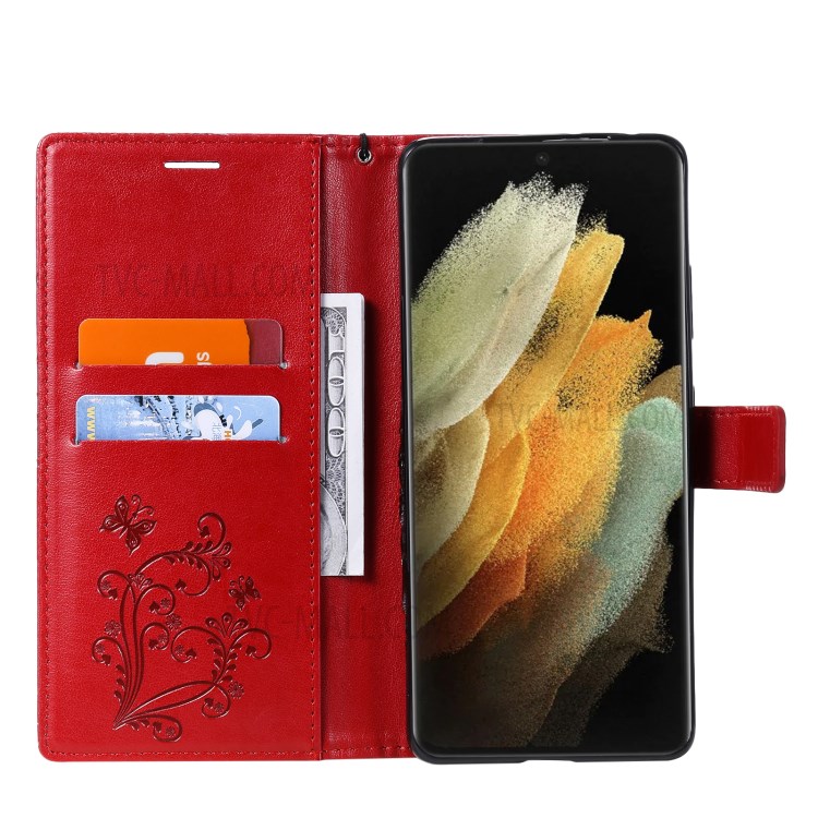 Imprinted Butterflies Flower Leather Wallet Stand Case for Samsung Galaxy S21 Ultra 5G - Red-5
