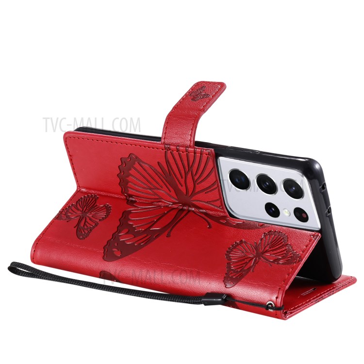 Imprinted Butterflies Flower Leather Wallet Stand Case for Samsung Galaxy S21 Ultra 5G - Red-6