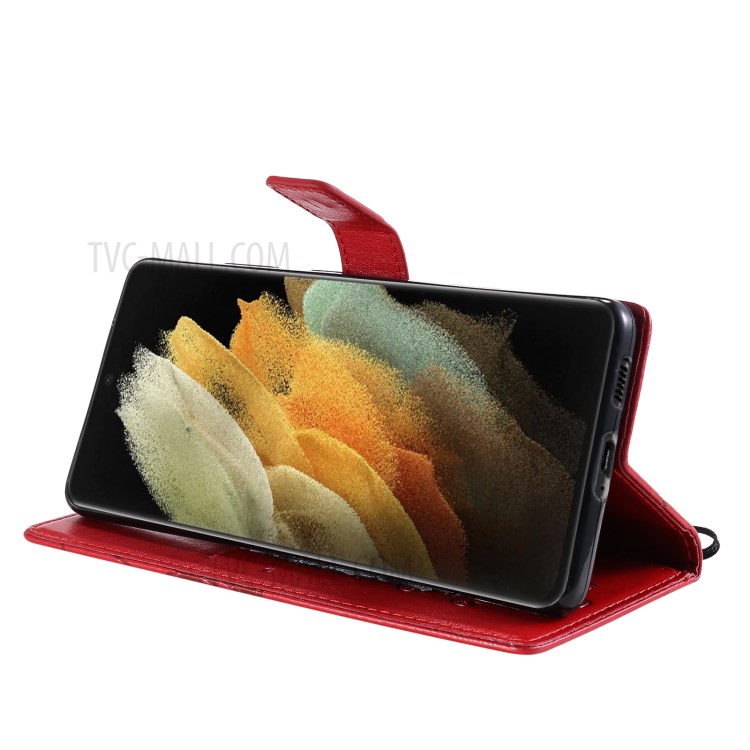 Imprinted Butterflies Flower Leather Wallet Stand Case for Samsung Galaxy S21 Ultra 5G - Red-7