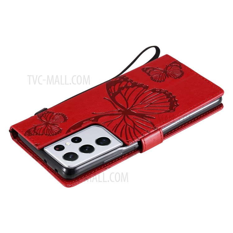 Imprinted Butterflies Flower Leather Wallet Stand Case for Samsung Galaxy S21 Ultra 5G - Red-9