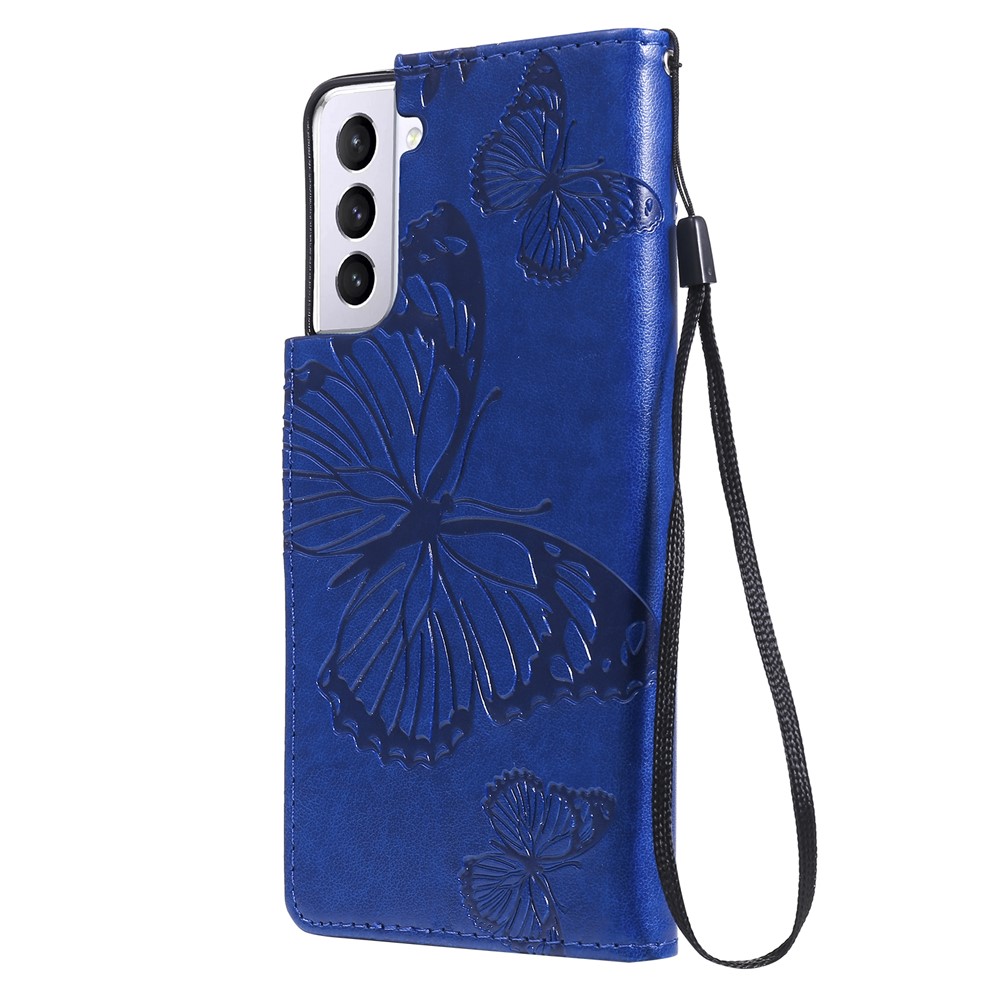 KT Impression de Fleurs Série-2 Papillons Imprimés Case de Support de Portefeuille en Cuir de Fleur Pour Samsung Galaxy S21 4g / 5g - Bleu