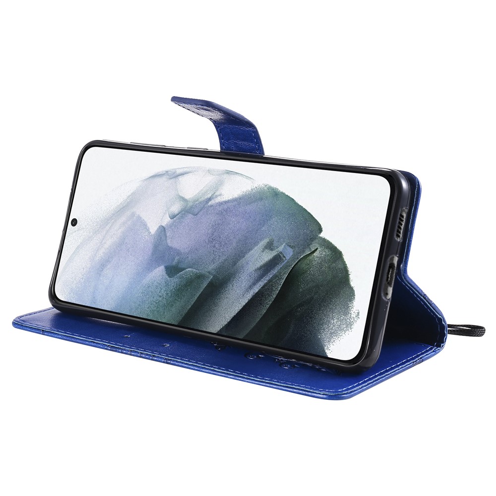 KT Sprudel Blumenserie-2 Eingeprägte Schmetterlinge Blumen Leder Brieftasche Hülle Für Samsung Galaxy S21 4G/5G - Blau