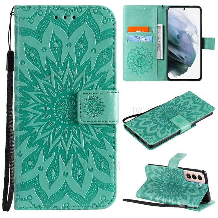 Imprint Sunflower Leather Wallet Case for Samsung Galaxy S21+ 5G - Green-1