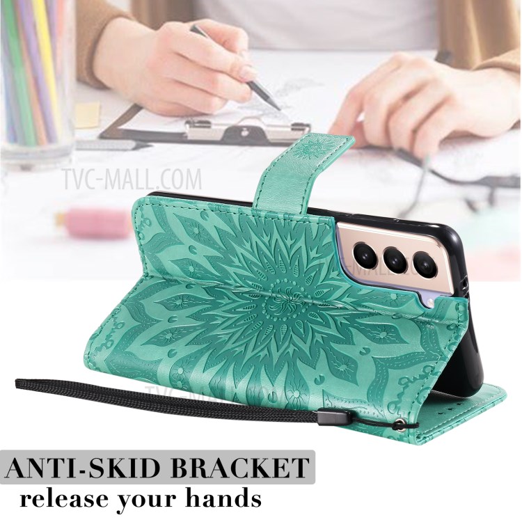 Imprint Sunflower Leather Wallet Case for Samsung Galaxy S21+ 5G - Green-10