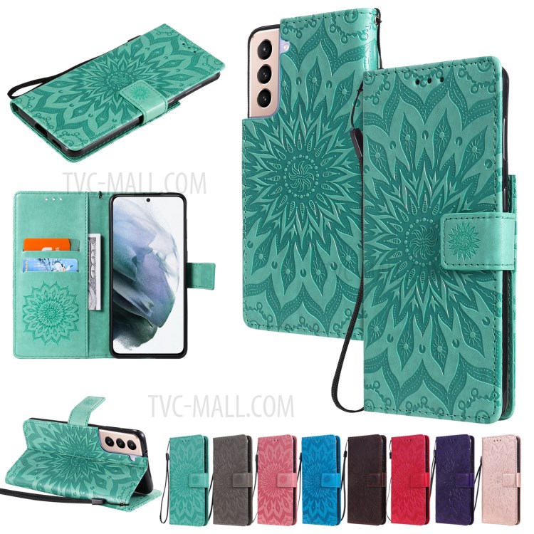 Imprint Sunflower Leather Wallet Case for Samsung Galaxy S21+ 5G - Green-13