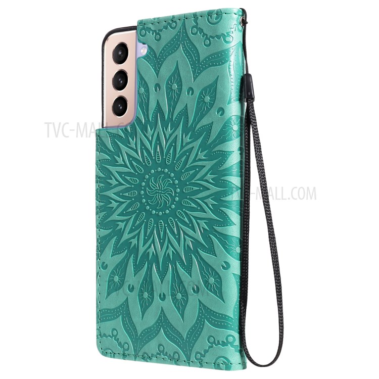Imprint Sunflower Leather Wallet Case for Samsung Galaxy S21+ 5G - Green-4