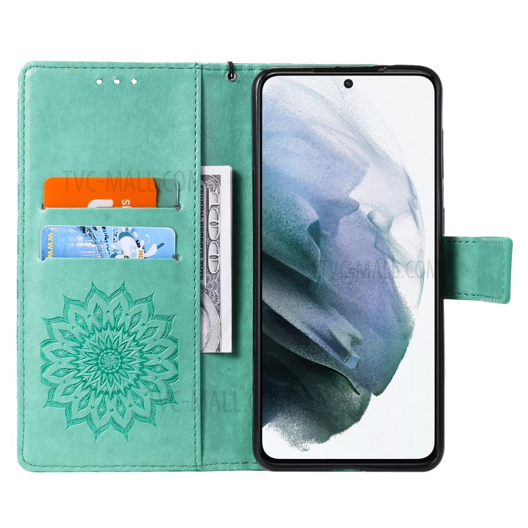 Imprint Sunflower Leather Wallet Case for Samsung Galaxy S21+ 5G - Green-5