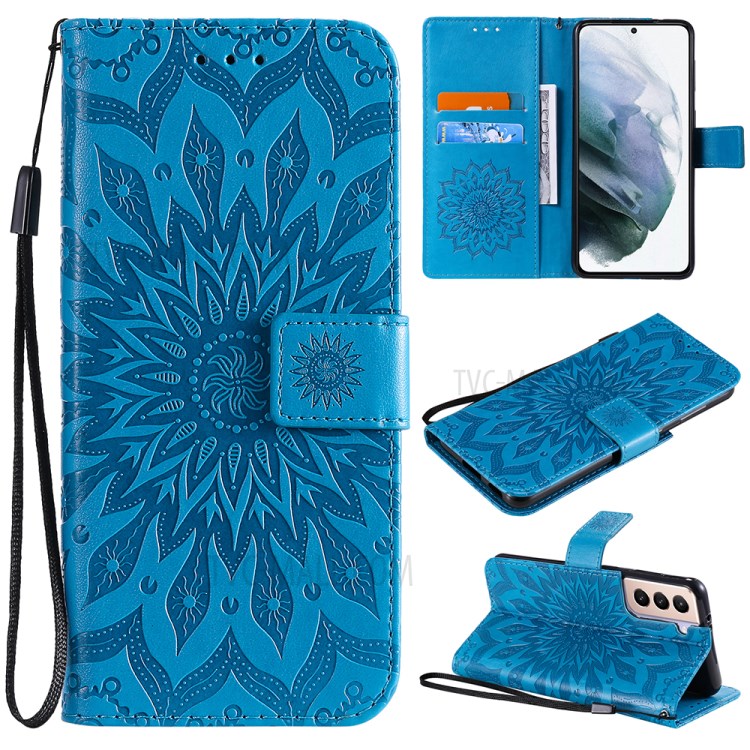Imprint Sunflower Leather Wallet Case for Samsung Galaxy S21+ 5G - Blue-1
