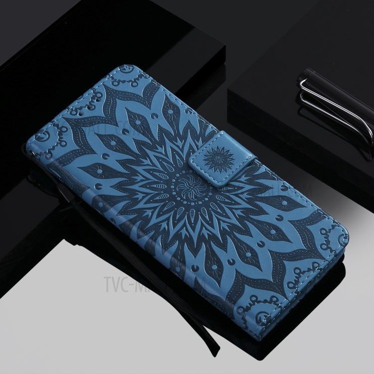 Imprint Sunflower Leather Wallet Case for Samsung Galaxy S21+ 5G - Blue-10